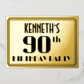 90ste verjaardag: Art Deco Kijk "90" en naam Folie Uitnodiging (Voorkant)