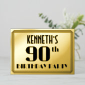 90ste verjaardag: Art Deco Kijk "90" en naam Folie Uitnodiging (Staand Voorkant)