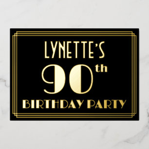90ste verjaardag: Art Deco Kijk "90", met naam Folie Uitnodiging
