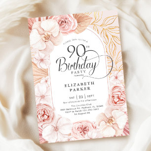 90ste verjaardag Blush Roze Gouden Bloemen Kaart