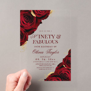 90ste verjaardag Burgundy Gold Roses Acryl Uitnodigingen