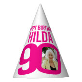 90ste verjaardag foto aangepaste foto roze wit feesthoedjes (Voorkant)