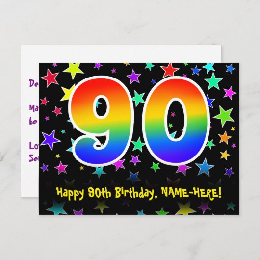 90ste verjaardag: Fun Stars Pattern, Rainbow 90, N Briefkaart (Voorkant / Achterkant)