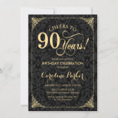 90ste verjaardag - Goud Zwart Damask Kaart (Voorkant)