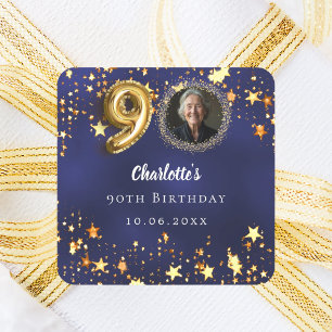 90ste verjaardag marineblauw gouden sterren foto vierkante sticker