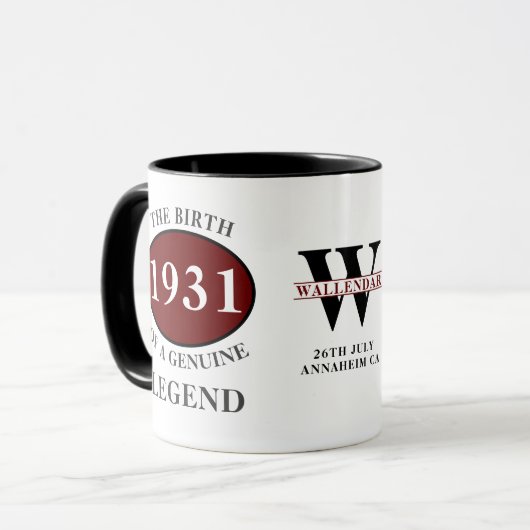 90ste verjaardag Monogram Born 1931 Legend Naam to Mok (Voorkant links)
