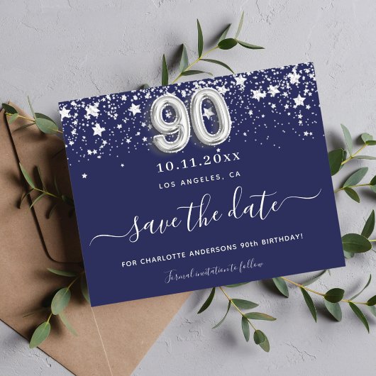 90ste verjaardag Navy Blue Silver Save Date Card