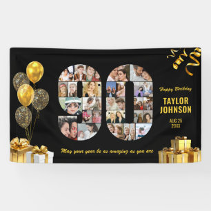 90ste Verjaardag Nummer 90 Fotocollage Zwart Goud Spandoek