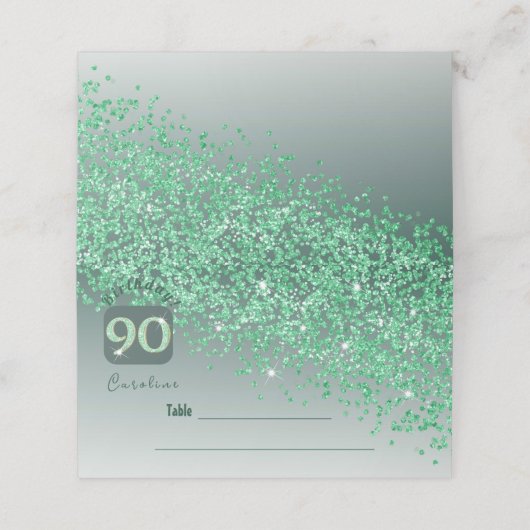 90ste Verjaardag Party Green Glitter Place Card (Buitenkant ongevouwen)