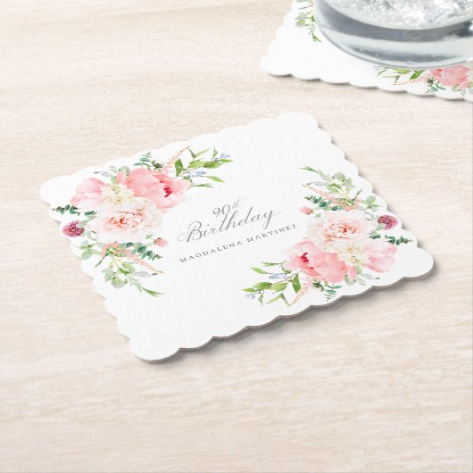 90ste Verjaardag Party Roze Bloemen Custom Kartonnen Onderzetters (Gebogen)