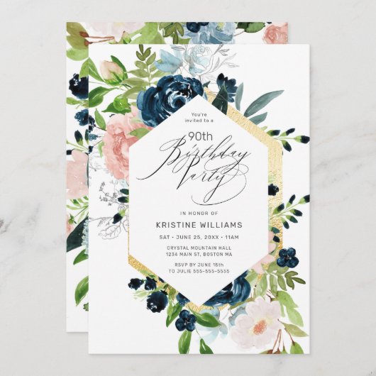 90ste verjaardag Roze Blauwe Roos Waterverf Bloems Kaart (Voorkant / Achterkant)