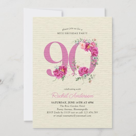 90ste verjaardag roze pioen bloemstuk nummer 90 kaart (Voorkant)