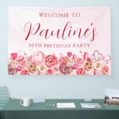90ste verjaardag roze roos swirly hart welkom spandoek (Beurs)
