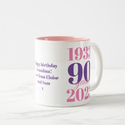 90ste verjaardag roze speciale datum tweekleurige koffiemok (Voorkant rechts)