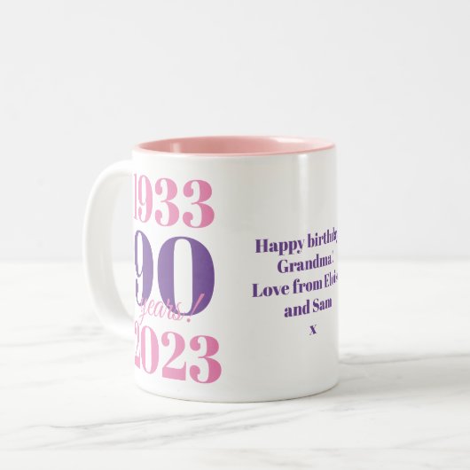 90ste verjaardag roze speciale datum tweekleurige koffiemok (Voorkant links)
