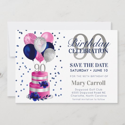 90ste verjaardag roze taart opslaan de datum uitno kaart (Voorkant)