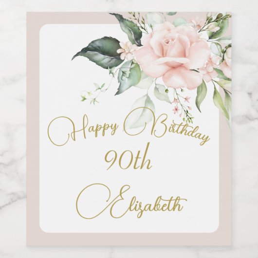 90ste Verjaardag Waterverf Roze Bloemen Elegant Wijn Etiket (Enkel label)