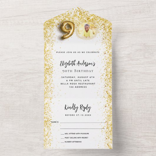 90ste verjaardag witgouden fotofeest RSVP All In One Uitnodiging (Binnen)