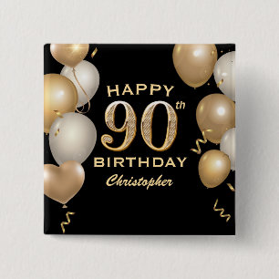 90ste verjaardagsfeest Zwart en Gouden Ballonnen Vierkante Button 5,1 Cm