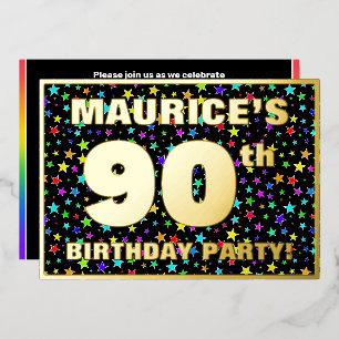 90ste verjaardagsfeestje — Leuke, kleurrijke sterr Folie Uitnodiging