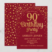 90ste verjaardagsfeestje - rood & goud kaart (Voorkant / Achterkant)