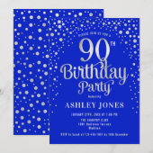 90ste verjaardagsfeestje - Royal Blue & Silver Kaart (Voorkant / Achterkant)