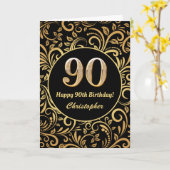 90th Birthday Black en Gold Floral Pattern Kaart (Gele Bloem)