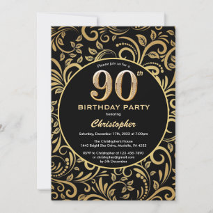 90th Birthday Black en Gold Floral Pattern Kaart
