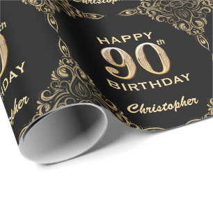 90th Birthday Black en Gold Glitter Lijst Cadeaupapier