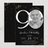 90th Birthday Black Gold Invitation Kaart Foto (Voorkant / Achterkant)