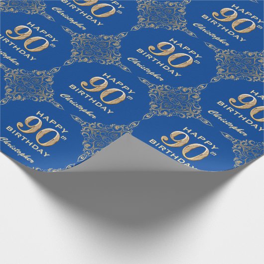 90th Birthday Blue and Gold Glitter Lijst Cadeaupapier (Hoek)