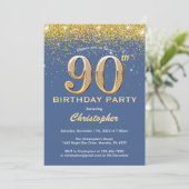 90th Birthday Blue en Gold Glitter Confetti Kaart (Staand voorkant)