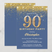 90th Birthday Blue en Gold Glitter Confetti Kaart (Voorkant / Achterkant)