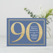 90th Birthday Blue en Gold Glitter Kaart (Staand voorkant)