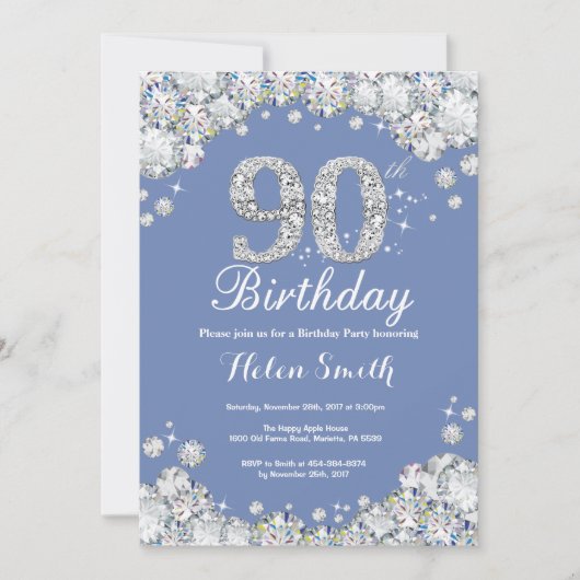 90th Birthday Blue en Silver Diamond Kaart (Voorkant)