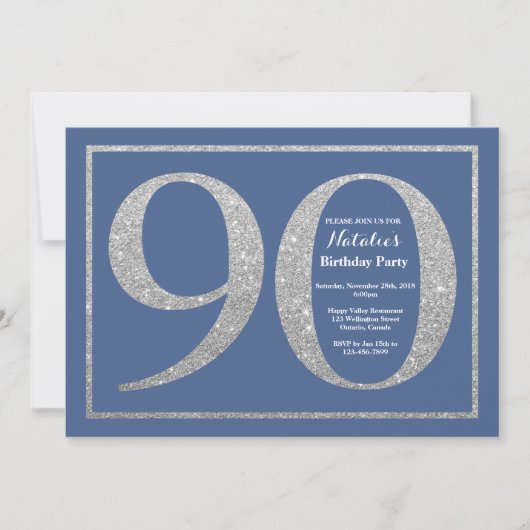 90th Birthday Blue en Silver Glitter Kaart (Voorkant)