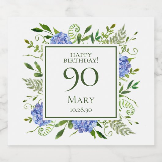 90th Birthday Blue Hydrangeas Sparkling Wijnetiket (Enkel label)