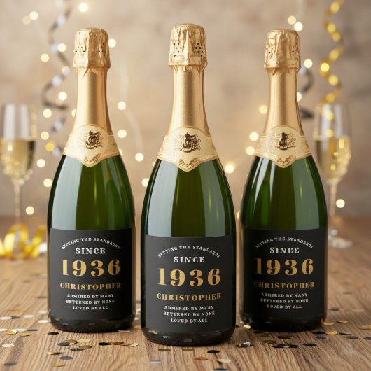 90th Birthday Born 1936 Add Name Black Gold Sparkling Wijnetiket