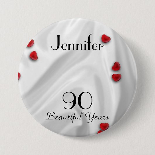 90th Birthday Button / Pin, Small Red Hearts (Voorkant)