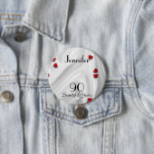 90th Birthday Button / Pin, Small Red Hearts (In situ)