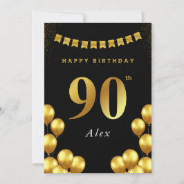90th Birthday Card Black and Gold Balloons Kaart