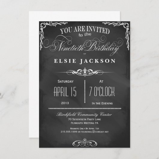 90th Birthday Chalkboard Typography Party Invite Kaart (Voorkant / Achterkant)