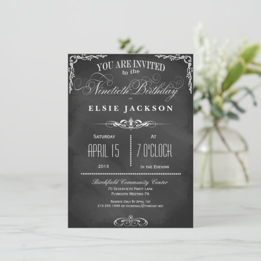 90th Birthday Chalkboard Typography Party Invite Kaart (Staand voorkant)