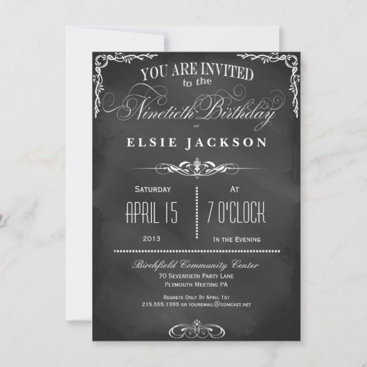 90th Birthday Chalkboard Typography Party Invite Kaart (Voorkant)