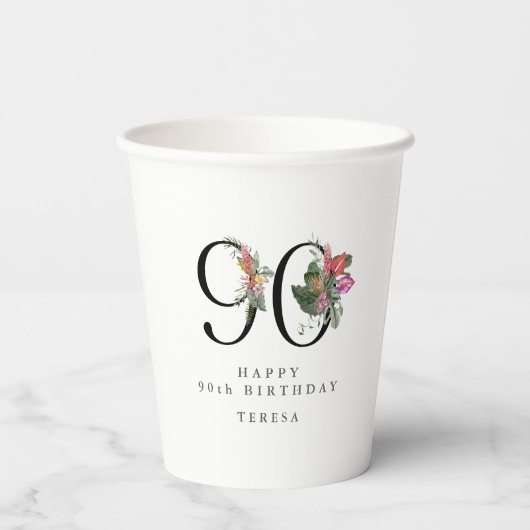 90th Birthday Cheers with Name Tropical Floral Papieren Bekers (Achterkant)