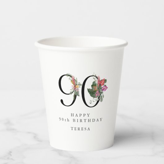90th Birthday Cheers with Name Tropical Floral Papieren Bekers (Voorkant)
