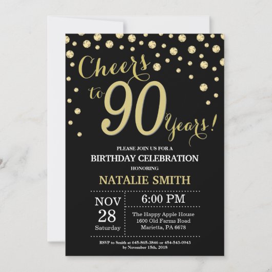 90th Birthday Diamond Invitation Black and Gold Kaart (Voorkant)