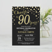 90th Birthday Diamond Invitation Black and Gold Kaart (Staand voorkant)
