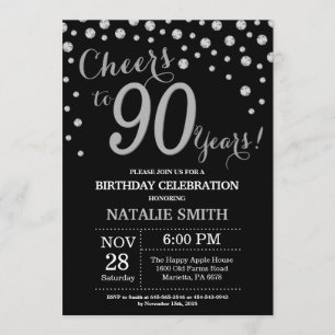 90th Birthday Diamond Invitation Black and Silver Kaart
