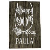 90th Birthday: Fancy, Faux Wood Look + Custom Name Medium Cadeauzakje (Voorkant)